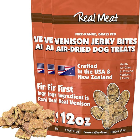 TRMC Real Meat Dog Treats - Three 12oz Bag of Bite-Sized Air-Dried Venison Jerky for Dogs - Grain-Free Jerky Dog Treats Made up of 95% Free-Range, Grass Fed Venison - All-Natural Dog Treats