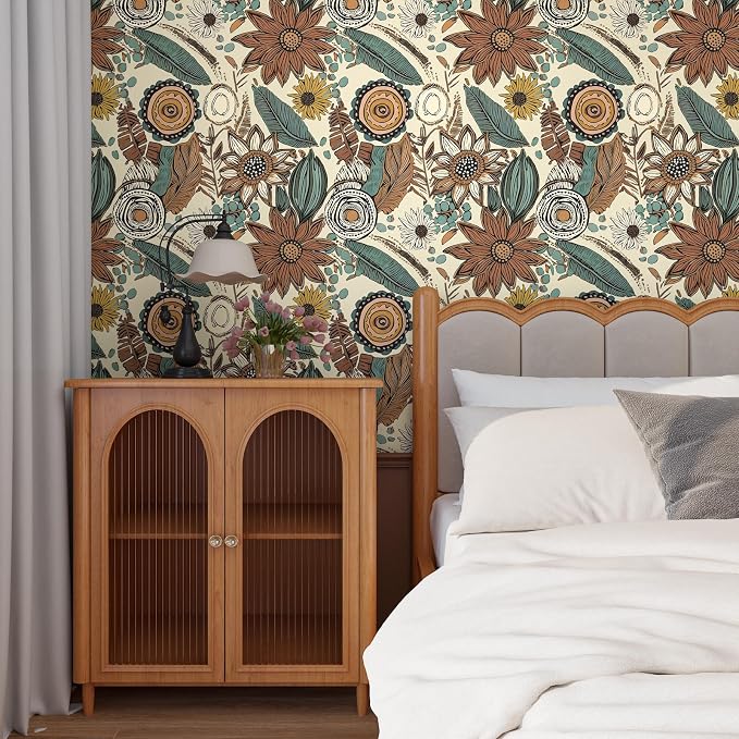 Boho Wallpaper Peel and Stick, Retro Floral Contact Paper 17.5" x 393.7"