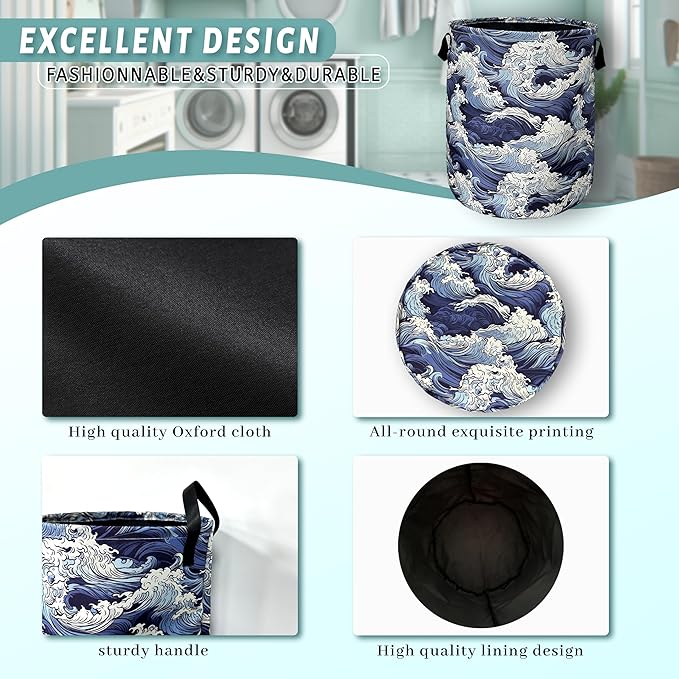 Vintage Sea Waves Laundry Basket With Handles Oxford Cloth Tote Bag Colorful Laundry Hamper 18.9"x16.5 "Foldable Clothes Storage Bucket Toy Organizer For Bathroom/Laundry/Bedroom