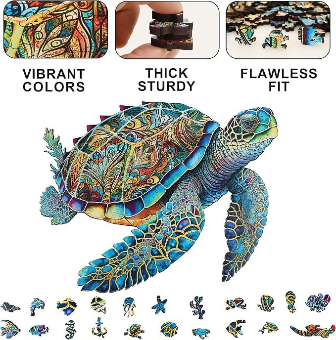 Mys Aurora FSC Certified Sea Turtle Wooden Puzzles 500 Pieces | 5MM Unique Shaped Wooden Puzzle for Adults and Kids, Family Game 16.9 x 20.7 Inch