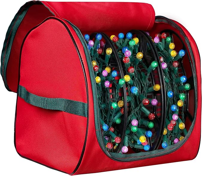 ZOBER Christmas Light Storage Reels - Christmas Light Organizer with 3 Plastic Wheels - 600D Oxford Fabric - Fits 200 Mini Lights per Spool, Lights Storage - Stitched Reinforced Handles - Red