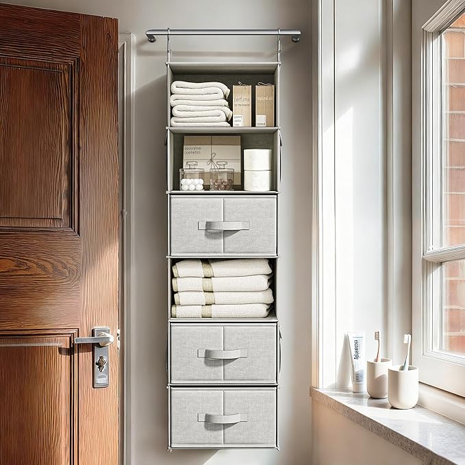 6-Shelf Hanging Closet Organizer with 3 Drawers, 6-Shelf Inseparable Closet Organizers and Storage for Wardrobe Organization, Hanging Dresser for Nursury & Dorm Clothes Organizer, Silver Gray