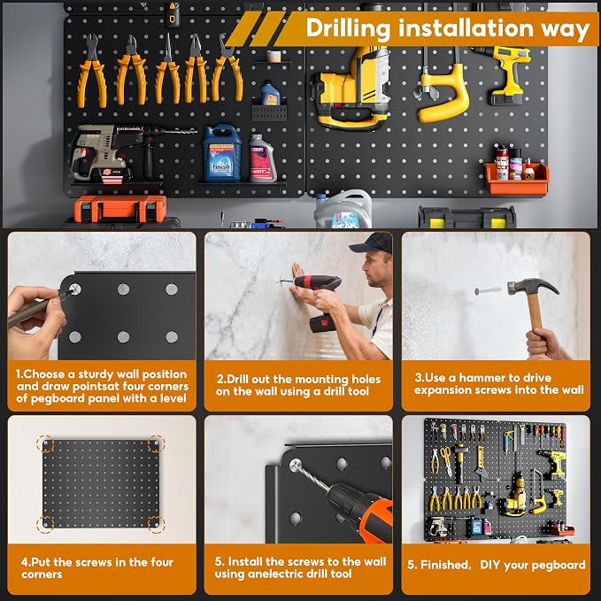 Peg Board, 110pcs Metal Pegboard Kit, Includes 4 Pack Black Peg Board Panels with Accessories and Hook Locks, Large Heavy Duty Peg Boards for Walls Home, Garage Tool Storage, Workbench