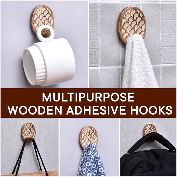 Indian Shelf 6 Lb- 6 Pieces Decorative Wood Adhesive Wall Hooks–Boho Peel and