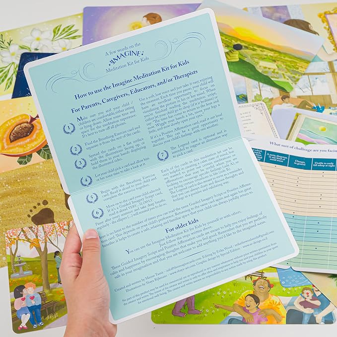 Imagine Meditation Kit for Kids - Award-Winning Mindfulness kit of XL Cards with Calming Guided Meditations for Empowerment, Focus and Relaxation. Great for Parents, Teachers and Therapists.