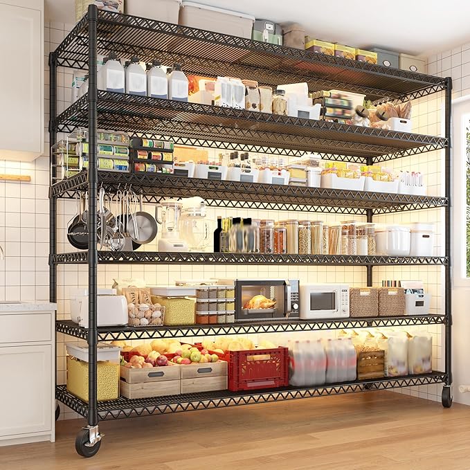 REIBII 82.6" H*60''W*17.7" D Steel Heavy Duty Wire Shelving with Wheels, 6-Tier Adjustable Storage Shelves 3598LBS Commercial Metal Shelves for Pantry, Garage, College Dorm School Industrial Shelving