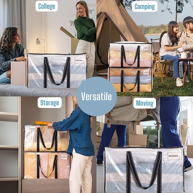 VENO 6 Pack Moving Bags & Large Christmas Storage Bins with lids for Decorations, Garland, Lights. Moving Boxes Packing Supplies for College Dorm. Extra Large Heavy Duty Totes (Clear-6 Pack)