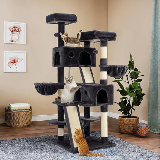 WEEWAY Cat Tree Tower for Indoor Cats,65'' Multi-Level Cat Furniture Activity Center,Stand House Condo Cave,Sisal Scratching Posts Ramps,Plush Perches Platforms Basket Hammock, Dark Grey