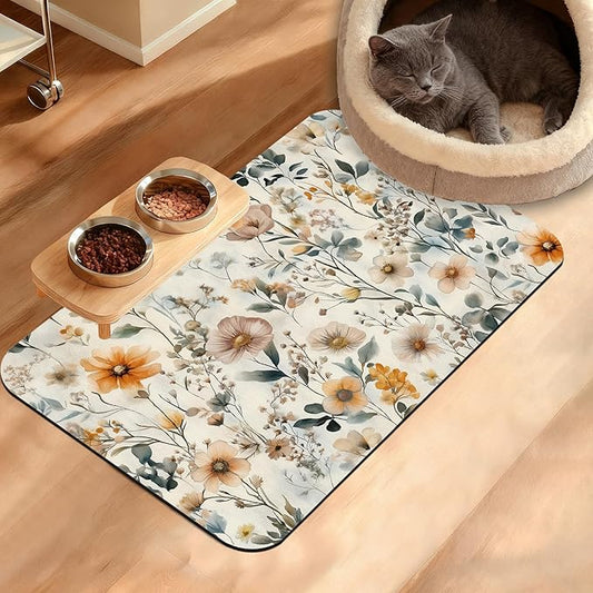 Vintage Flowers Dog Cat Food Mat,Herbs Absorbent Waterproof Placemat for Food and Water Non Slip Rubber Backing Durable Feeding Pad for Clean Floors 16" x 24"