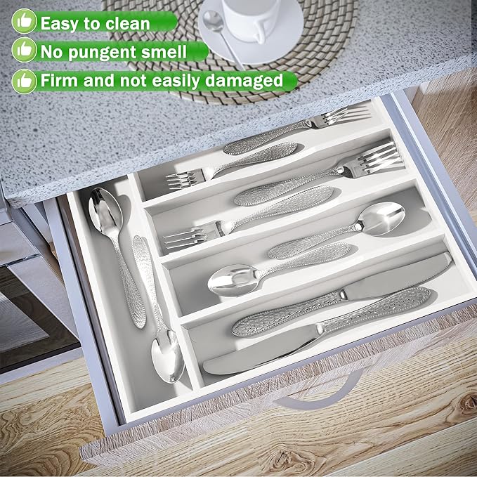 Greenual White Silverware Organizer 10 In Utensil Organizer Silverware Tray for Drawer Cutlery Flatware Organizer for Kitchen Bamboo Wood