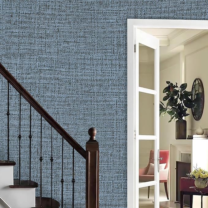 Blue Gray Grasscloth Peel and Stick Wallpaper 17.3"x1200" Faux Linen Textured