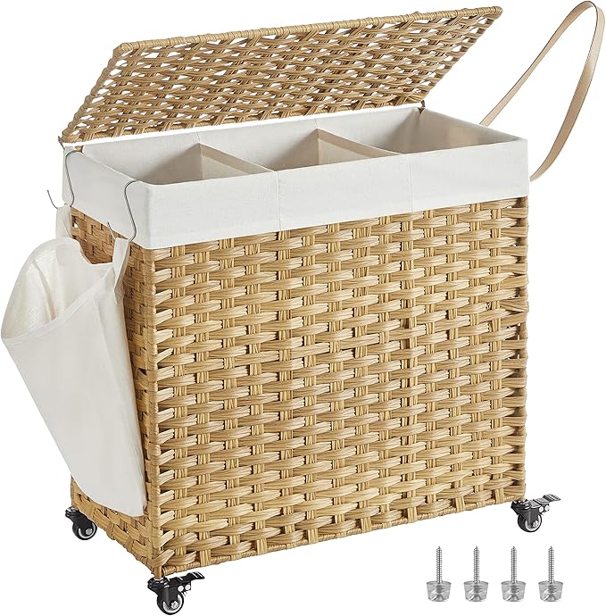 SONGMICS Laundry Hamper with Lid, 37 Gallons (140 L), Rolling Laundry Basket with Wheels, 3-Section Synthetic Rattan, Removable Liner, Bedroom, 26 x 13 x 26 Inches, Natural ULCB363N01