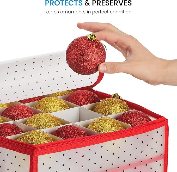 ZOBER Christmas Ornament Storage Box Plastic - Stores 64 3" Ornaments with Individual Trays - Ornament Organizer Storage Box, Durable Christmas Containers Holder - Red