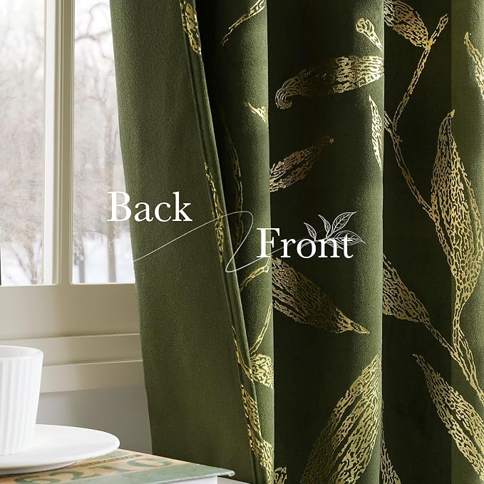 NICETOWN Leaf Patterned Green Velvet Curtains 96 inches Long 2 Panels Gold Foil