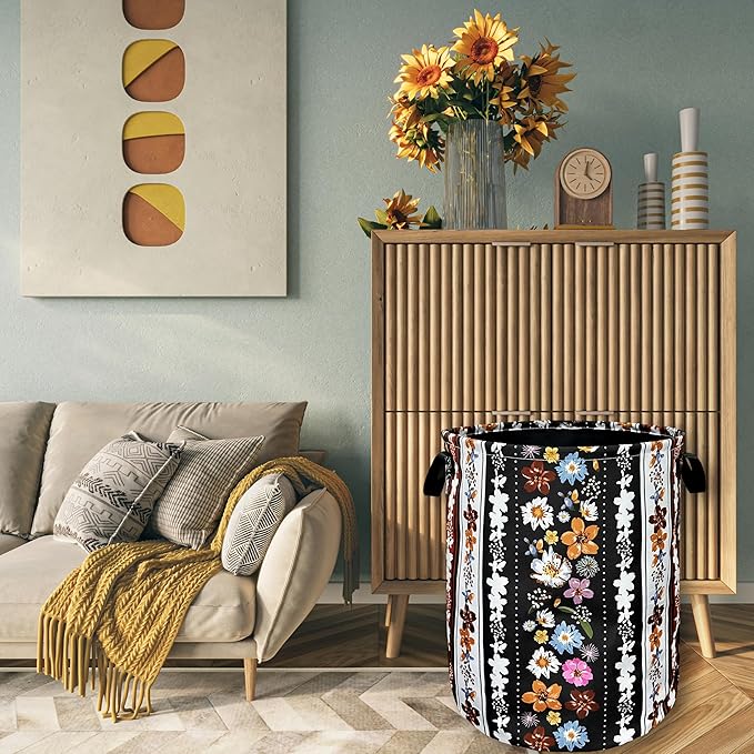 Boho Flowers Laundry Basket Foldable With Handles Universal Tote Bag Oxford Cloth Colorful Laundry Hamper 18.9" x 16.5" Clothes Storage Bucket Toy Organizer For Bathroom/Laundry/Bedroom