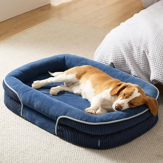 Bedsure Orthopedic Dog Beds Large Sized Dog - 360° Oval Bolster Large Dogs Bed for Senior Dogs with Waterproof Washable Cover, Big Comfort Pet Sofa Couch with Ultra-Soft Fleece, Navy Blue, 35"