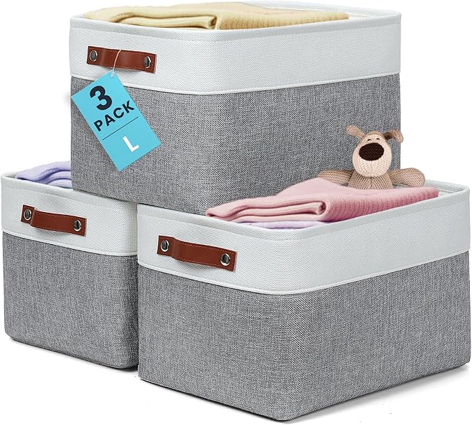 OrganiHaus Large Fabric Storage Baskets for Shelves 3 Pack, 15x11in Closet Storage Bins for Shelves, Canvas Baskets for Organizing, Linen Closet Organizers, Cloth Basket, Gray/Off-White
