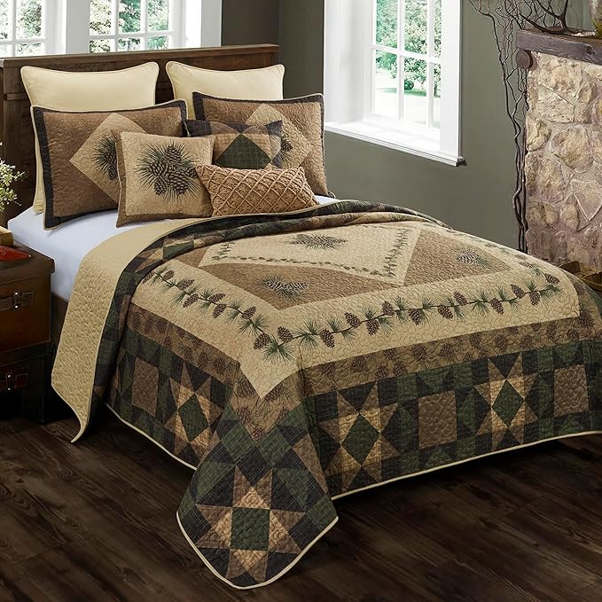 Donna Sharp King Polyester Bedding Set - Antique Pine Lodge Quilt Set with Quilt, Two King Pillow Shams and One Decorative Pillow - Machine Washable