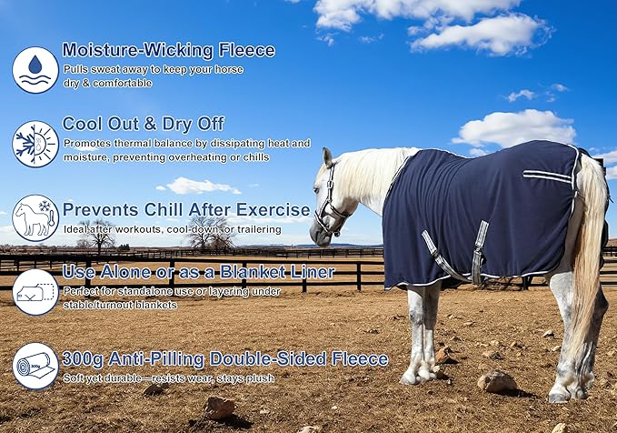 Horse Fleece Cooler, Blanket Liner - 300g Anti-Pilling Fleece, Moisture-Wicking, Cooling & Drying for Post-Workout, Bath & Travel, Prevent Overheating & Chilling Navy 81