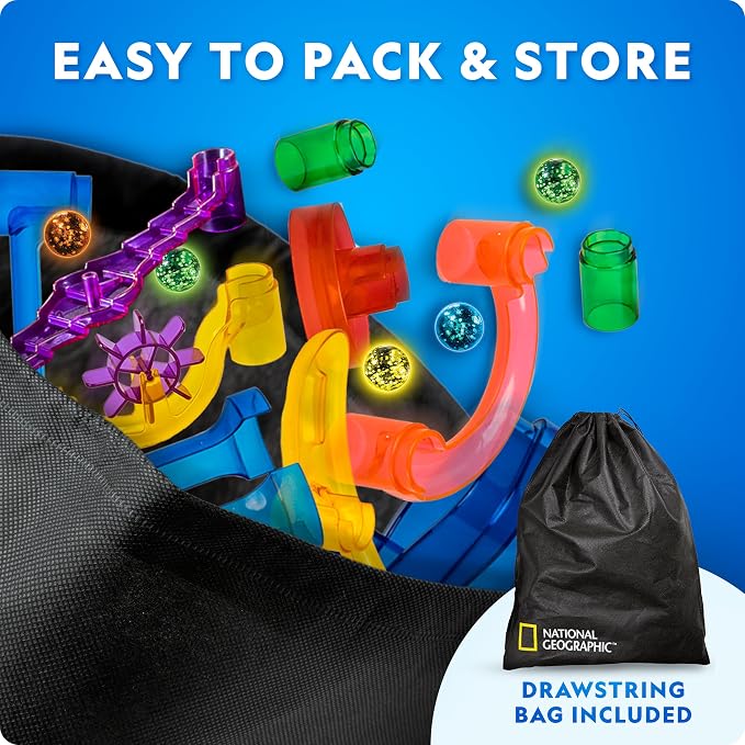 National Geographic Glow-in-the-Dark Marble Run for Kids Ages 8-12 | 15 Glow-in-the-Dark Glass Marbles, Storage Bag, Construction Toy, STEM Building Project, Birthday Gift