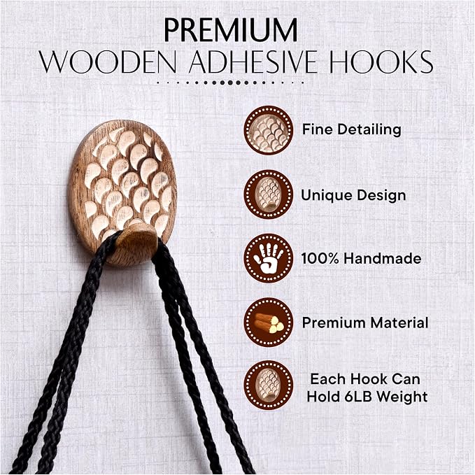 IndianShelf 6 Lb- 24 Pieces Decorative Wood Adhesive Wall Hooks–Boho Peel and