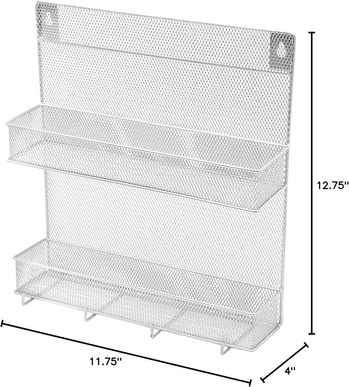 YBM Home 2-Tier Wall Mount Mesh Spice Rack Organizer with Hooks for Cabinet Pantry Door Kitchen, Large Hanging Spice Shelf, Chrome 1153