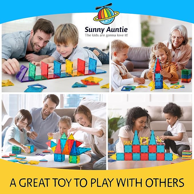 SUNNY AUNTIE Magnetic Tiles STEM Toys Building Set, Ages 3+ - 125 Pieces | Magnetic Tiles Building Toys, STEM Toys, Magnetic Blocks Construction Set, with 2 Cars & Guide Booklet for Kids Ages 3+