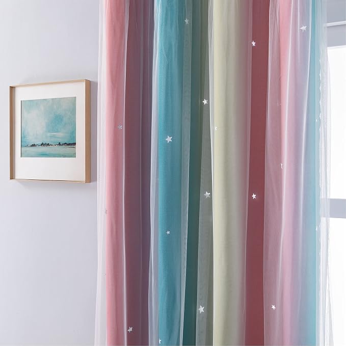 XiDi Curtains for Bedroom Decor, Rainbow Pink-Blue-52-54