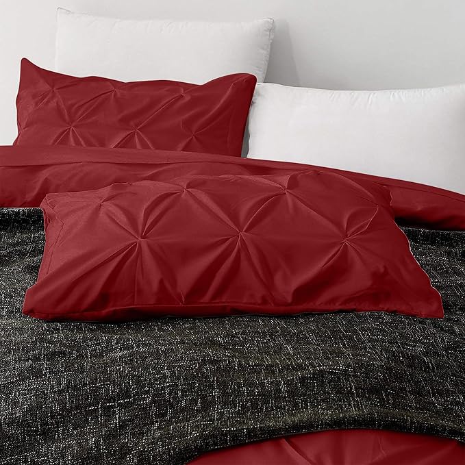 Pinch Pleated Duvet Cover Set 100% Brushed Microfiber 3PC Super King Size 98x108 Duvet Cover Set, Decorative Pinch Design Burgundy Duvet Cover with Matching Pillow Case
