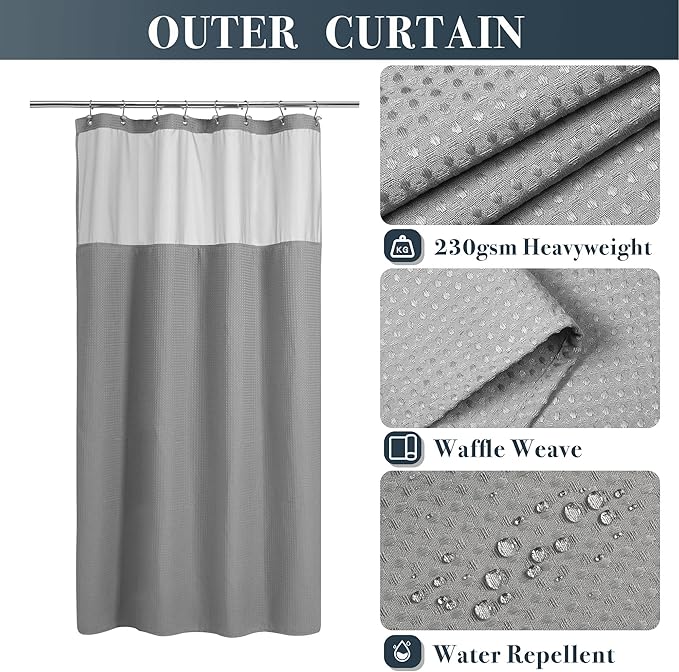 N&Y HOME 48 Inch Waffle Weave Shower Curtain with Snap-in Fabric Liner & 12 Metal Hooks Set - 48" x 72" Shower Stall Size, Hotel Style & Mesh Top Window, Machine Washable - Gray, 48x72