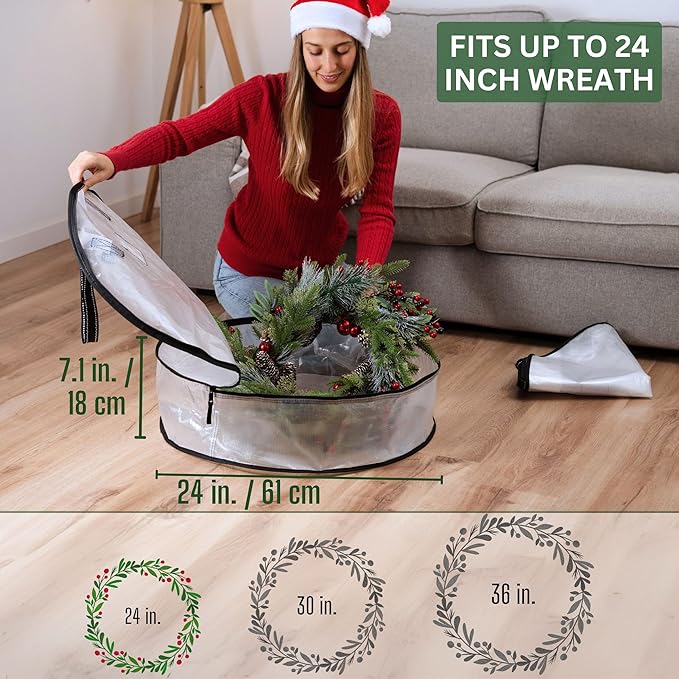 VENO 2 Pack Christmas Wreath Storage Container - 24 Inch Clear Wreath Bag, Christmas Garland and Holiday Decoration Organizers with Zipper and Durable Handles (Clear, 24"-2 Pack)