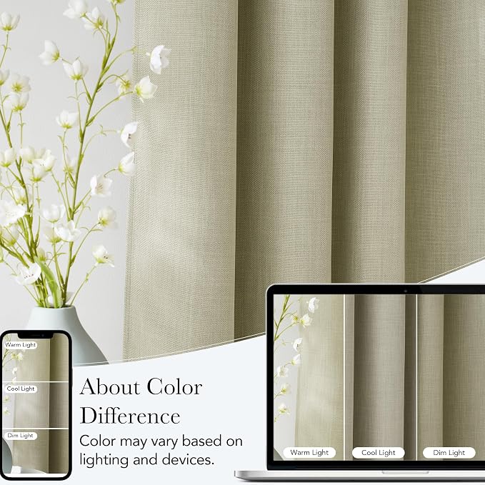 NICETOWN Beige Faux Linen Room Darkening Rod Pocket Curtains 63 inch Length