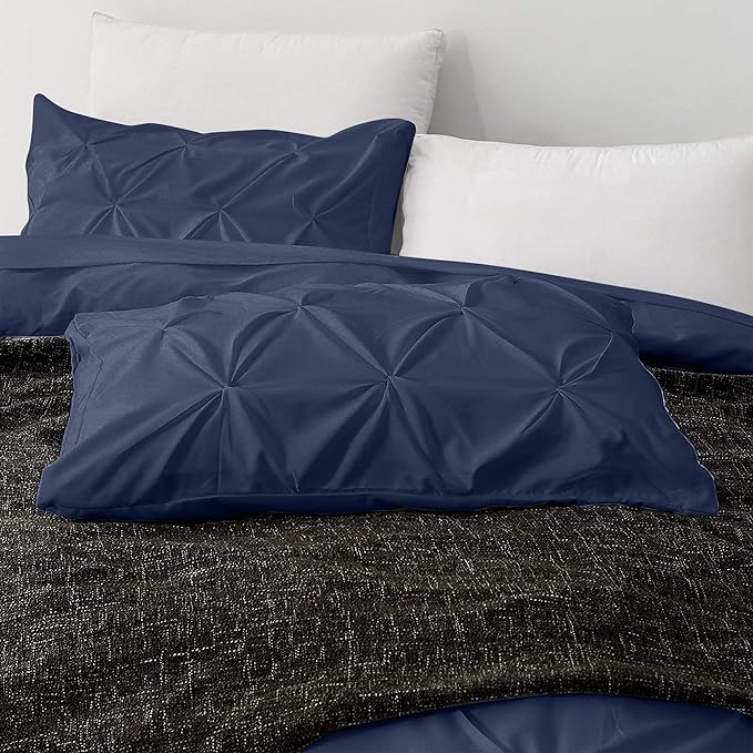 Pinch Pleated Duvet Cover Set 100% Brushed Microfiber 3PC Calking Size 98x104 Duvet Cover Set, Decorative Pinch Design Navy Blue Duvet Cover with Matching Pillow Case
