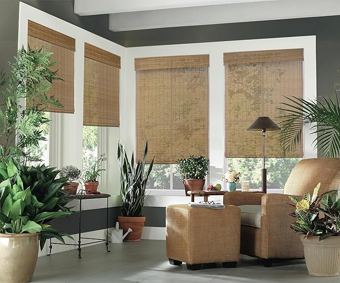 Cordless Woven Wood Roman Shades, 44W x 36H, Bamboo Mesh Natural, Sizes 20-72