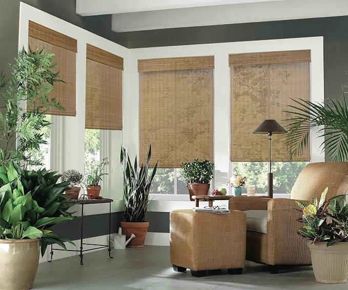 Cordless Woven Wood Roman Shades, 36W x 60H, Bamboo Mesh Natural, Sizes 20-72