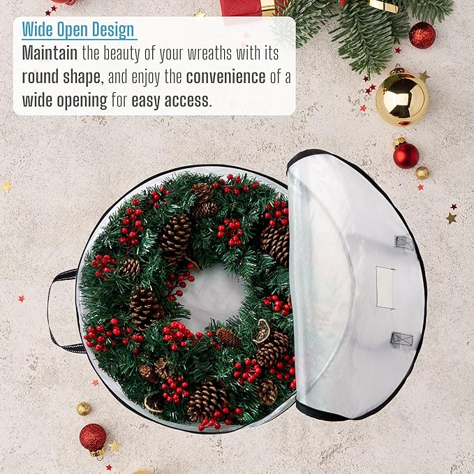 VENO 2 Pack Christmas Wreath Storage Container - 24 Inch Clear Wreath Bag, Christmas Garland and Holiday Decoration Organizers with Zipper and Durable Handles (Clear, 24"-2 Pack)