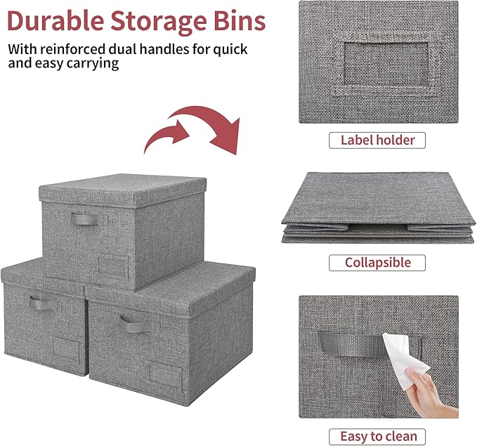 GRANNY SAYS Storage Bins with Lids, Linen Closet Organizers and Storage Baskets for Shelves, Storage Containers for Closet Organization, Large Bins for Storage, Dark Gray, 3-Pack