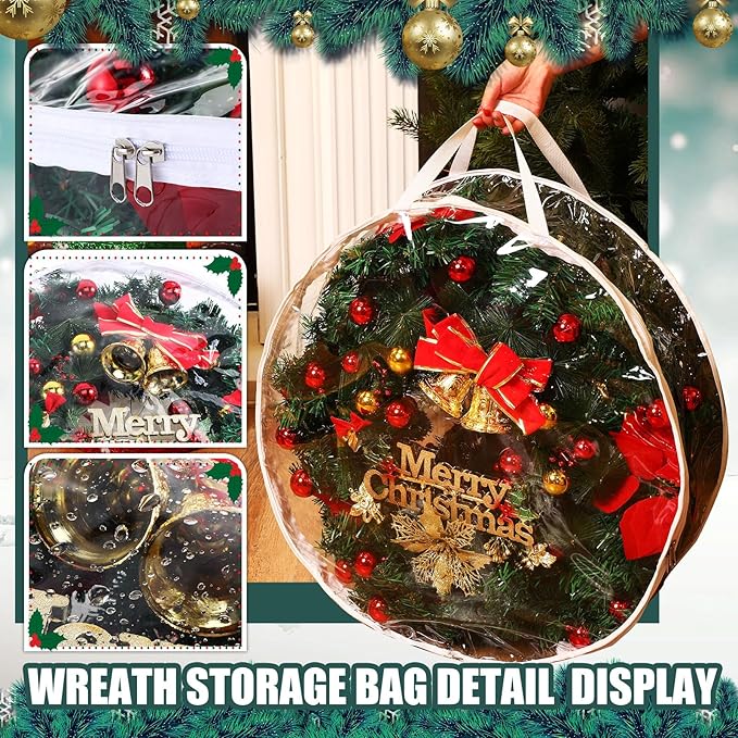 Zhengmy 20 Pcs 24 Inch Christmas Wreath Storage Bags Transparent Wreath Storage Container Bulk Wreaths Box with Dual Zippers and Handles for Xmas Holiday Wreaths Garland