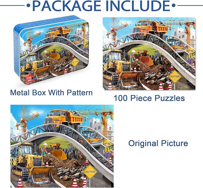 LELEMON Puzzles for Kids Ages 4-6,Construction Site 100 Piece Puzzles for Kids Ages 4-8 in a Metal Box,Educational Jigsaw Puzzles 100 Piece Puzzle Games Puzzle Toys for Girls and Boys