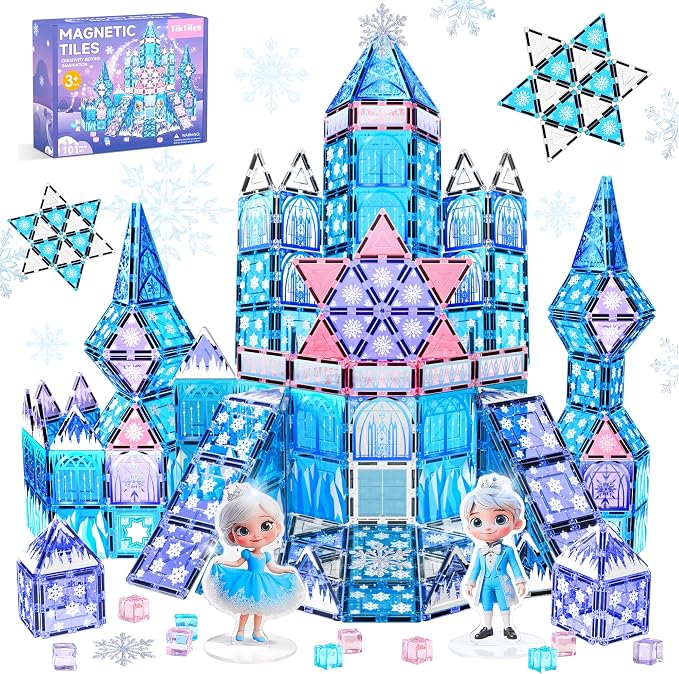 Magnetic Tiles Building Toys Set with 2 Dolls, Princess Castle Magnetic Blocks for Kids Ages 3-5 4-8, STEM Educational Sensory Magnet Toys Birthday Gifts for Toddlers Girls Boys