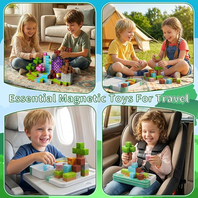 Mini Magnetic Blocks Travel Set 60PCS Building Cubes for Kids with Case | Travel Toys for Kids 4-8 Toddler , Airplane Car Road Trip Essentials, STEM Learning Toy, Gift for Boys and Girls