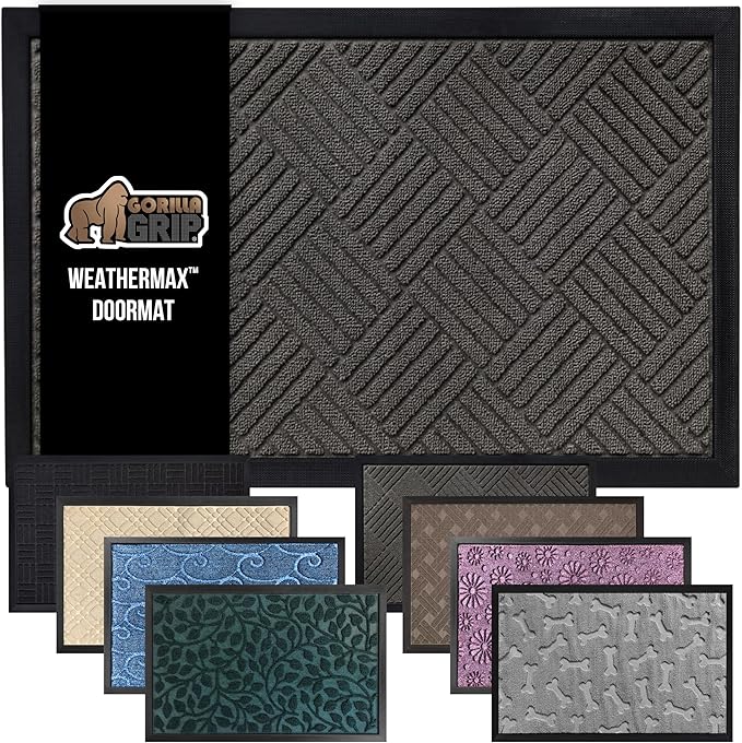 GORILLA GRIP 100% Waterproof All-Season WeatherMax Doormat, 47x35, US Designed Natural Rubber, Stain and Fade Resistant, Low Profile Indoor Outdoor Door Mats, Easy Clean Patio Mat, Gray Diamond