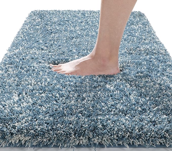 Yimobra Luxury Bathroom Rugs, Fluffy Bath Mats, Non Slip, Water Absorbent Microfiber, Machine Washable, Plush Runner Shower Rugs, Thick Matts for Bathroom Floor&Tub, 56"x 24", Denim Blue and White