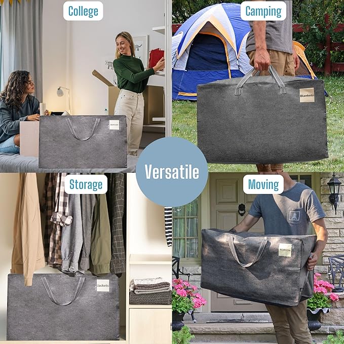 VENO 6 Pack Moving and Storage Bags, Heavy Duty, Alternative to Moving Boxes, Large Packing Totes Supplies for College Dorm Room with Zipper for Clothes, Wide Open Design (Dark Gray, 6 Pack)