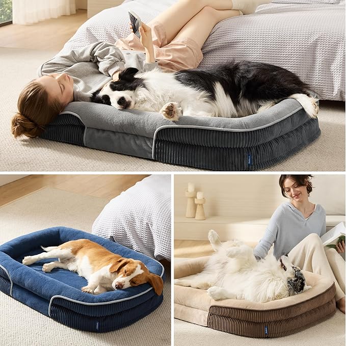 Bedsure L Plus Orthopedic Dog Beds Large Sized Dog - 360° Oval Bolster Large Dogs Bed for Senior Dogs with Waterproof Washable Cover, Big Comfort Pet Sofa Couch with Ultra-Soft Fleece, Beige, 38"