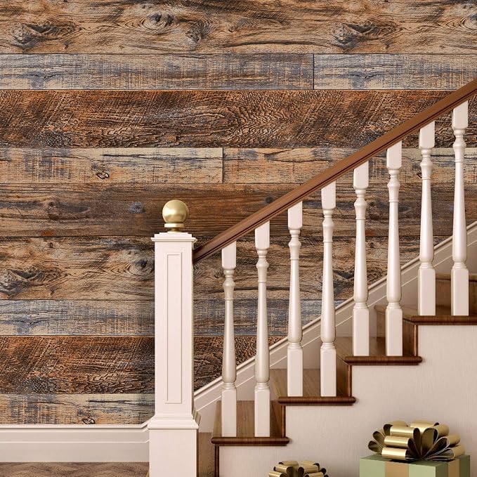 WENMER 17.71" x 1181" Brown Wood Wallpaper Peel and Stick Wallpaper Shiplap