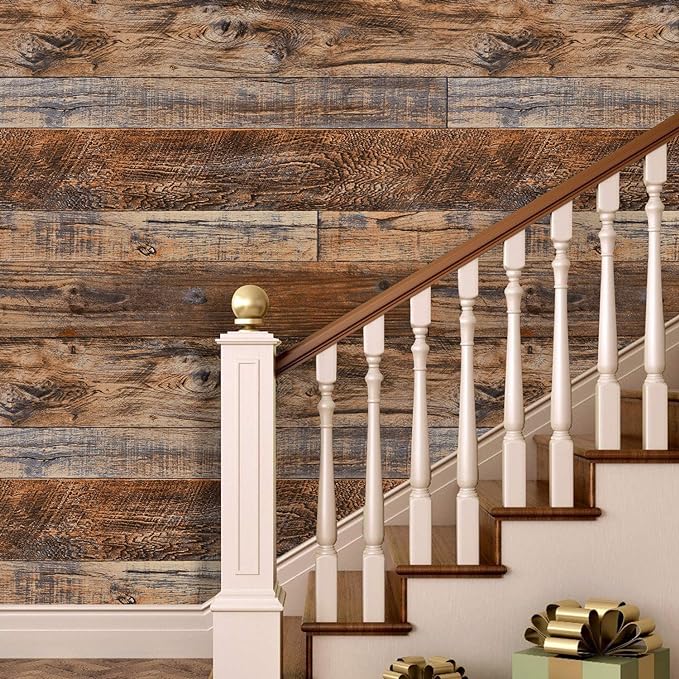 WENMER 17.71" x 394" Brown Wood Peel and Stick Wallpaper Shiplap Self Adhesive