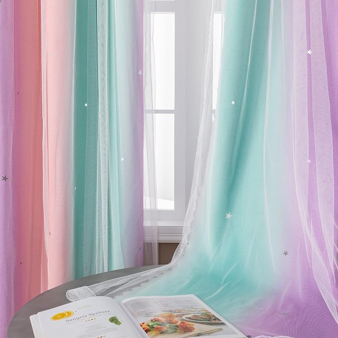 XiDi Curtains for Bedroom Kids Rainbow Pink Purple Green Curtains for Girls