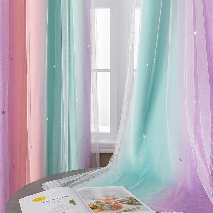 Blackout Curtains for Girls Room, Kids Bedroom 62 Inch Pink Rainbow Unicorn 1
