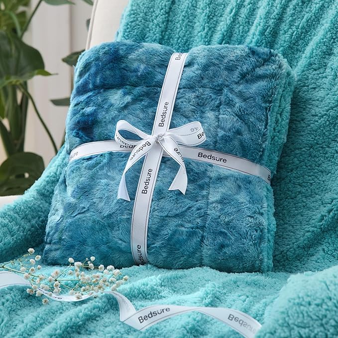 Bedsure Sherpa Blanket - Soft, Fuzzy & Fluffy Faux Fur - Warm, Cozy Throw Blanket for Couch, Sofa and Bed, Tie Dye Design, Teal, 50x60 Inches